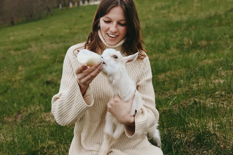 Woman in a cozy sweater bottle feeds a young goat on a grassy hillside, capturing a moment of gentle farming and care. Natural light and calm colors convey nurturing, rural lifestyle and animal