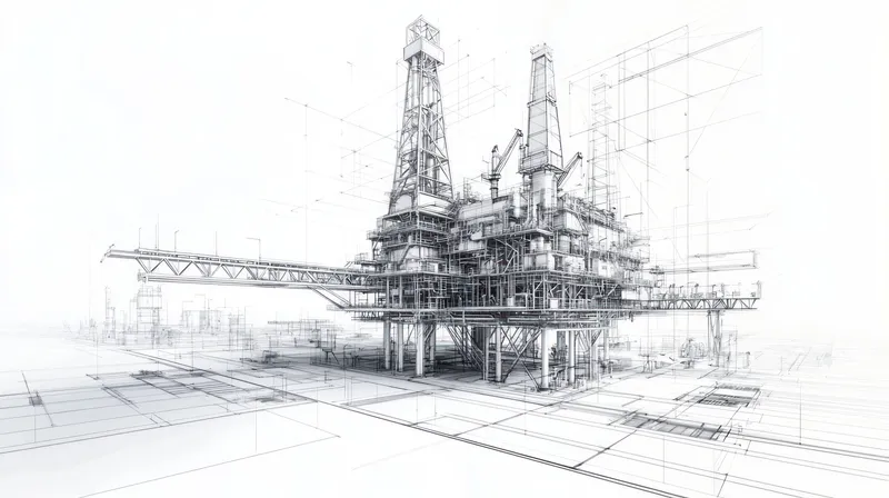 Утонченная иллюстрация нефтяной буровой платформы, подчеркивающая промышленный дизайн и инженерию