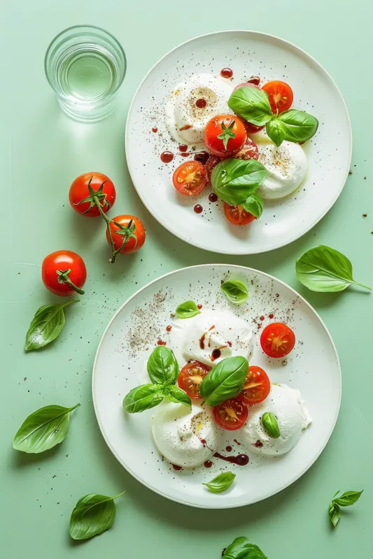 Вкусные тарелки со свежей моцареллой, покрытой сочными помидорами черри и ароматными листьями базилика, на пастельно-зеленом фоне, вызывающие ощущение свежести и здоровья