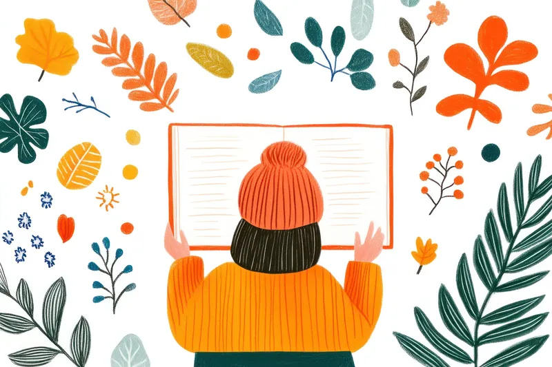 Теплая и привлекательная иллюстрация женщины, наслаждающейся книгой среди красочных осенних листьев, олицетворяющая отдых, природу и смену времен года яркими оттенками