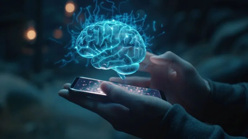 Концептуальное изображение двух людей, держащих смартфоны со светящимся мозгом на экране, символизирующее цифровые технологии и человеческий интеллект