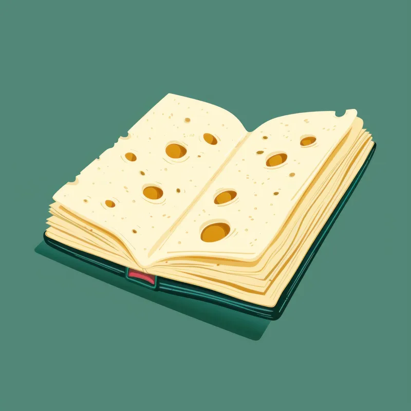 Причудливая иллюстрация открытой книги с текстурой сыра, с выделенными дырочками, на успокаивающем зеленом фоне, олицетворяющая воображение