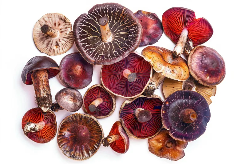 Группа ярких красных и черных грибов со словом 'mushrooms' на белом фоне для дизайнерских концепций
