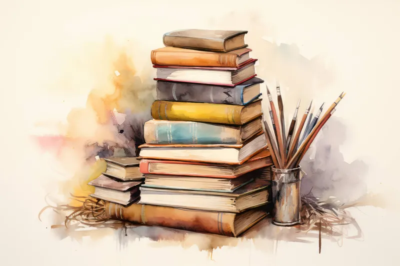 На фоне стопки старых книг и университетских учебников изображена винтажная мебель
