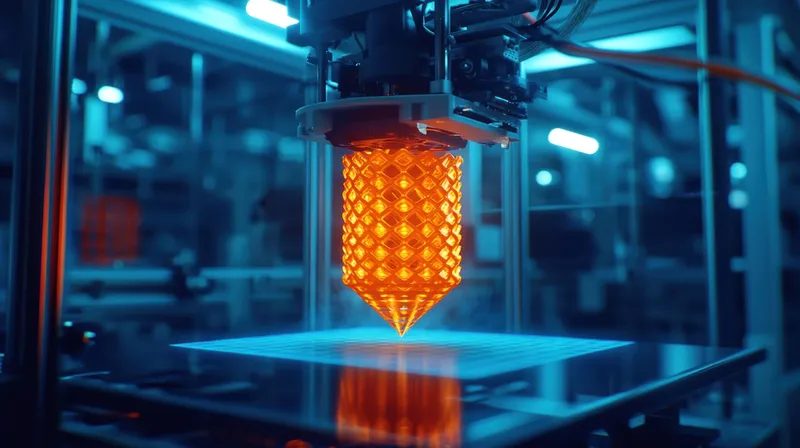 Высокотехнологичный 3D-принтер с яркой оранжевой печатающей головкой, создающий замысловатые конструкции в футуристической мастерской