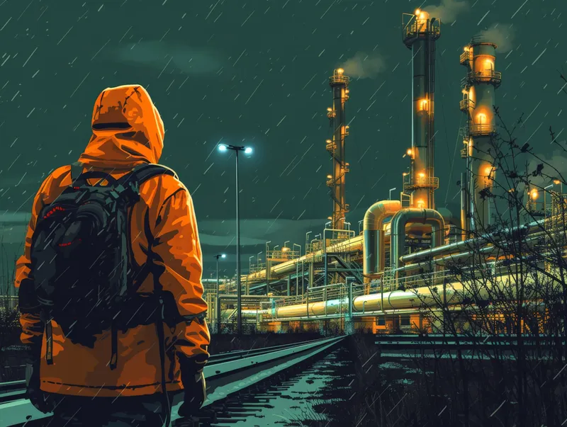 Ночной вид на мужчину в оранжевой куртке, стоящего перед освещённым нефтеперерабатывающим заводом с дымовыми трубами