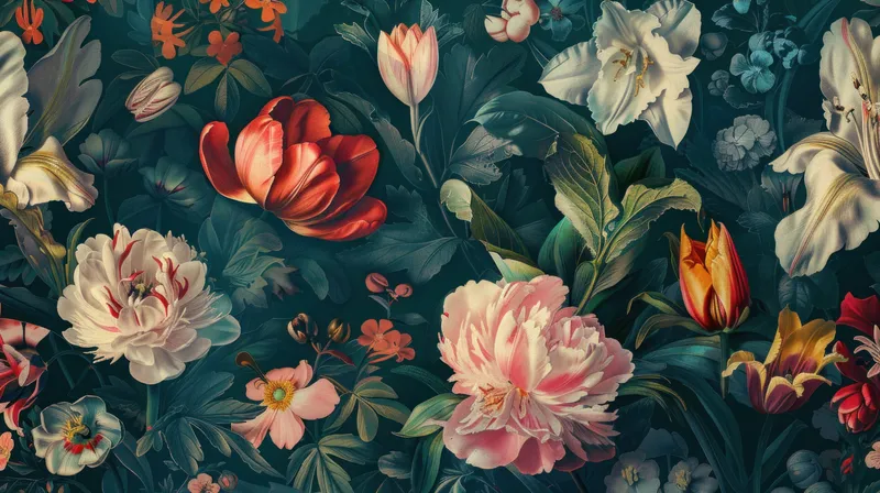 Яркие цветы насыщенных оттенков, включая тюльпаны и пионы, замысловато расположены на темном фоне