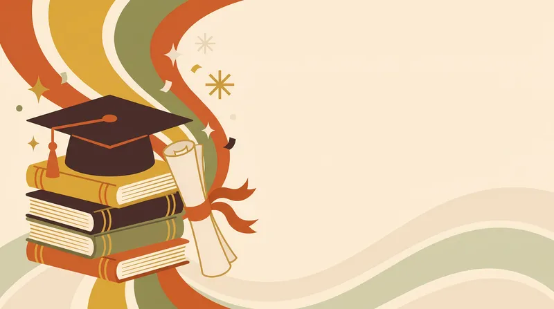 Иллюстрация выпускного в стиле 1970-х годов: шапочка, диплом, книги и тёплое чистое пространство для объявлений о достижениях в учёбе и сезонных образовательных кампаний
