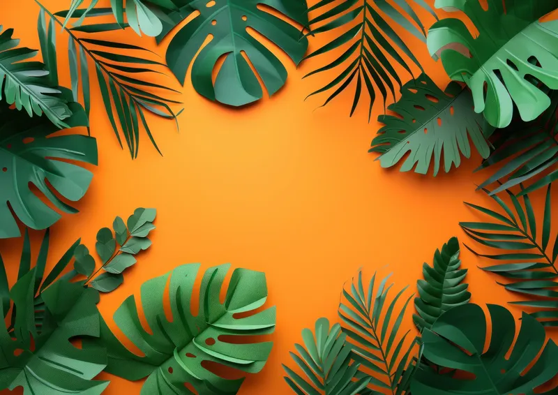 Тропические листья на оранжевом фоне с местом для текста, 3D-рендер, идеально подходит для бизнес-презентаций
