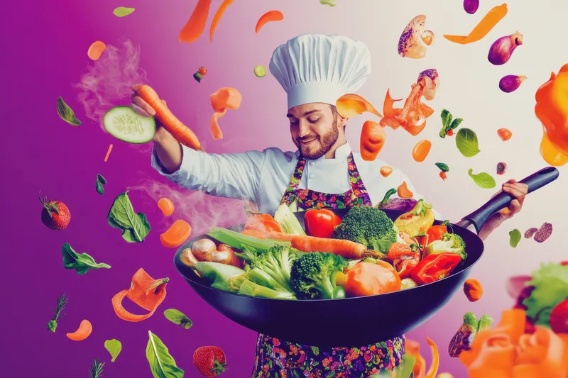 Радостный шеф-повар-мужчина в красочном фартуке, искусно подбрасывающий свежие и яркие овощи в воке, изображающий концепцию здорового приготовления пищи и кулинарного творчества на фиолетовом фоне