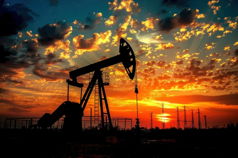 Впечатляющее изображение нефтяной качалки, силуэт которой выделяется на фоне драматичного заката, подчеркивая индустриальную сущность добычи нефти