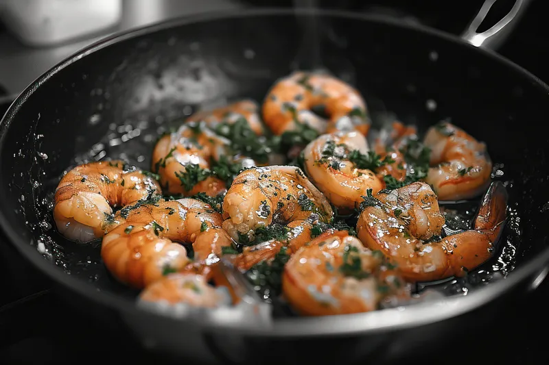 Вкусные креветки с чесноком и зеленью: полезное, изысканное блюдо из морепродуктов с недавно обжаренными креветками, чесночным и травяным соусом, снятое крупным планом