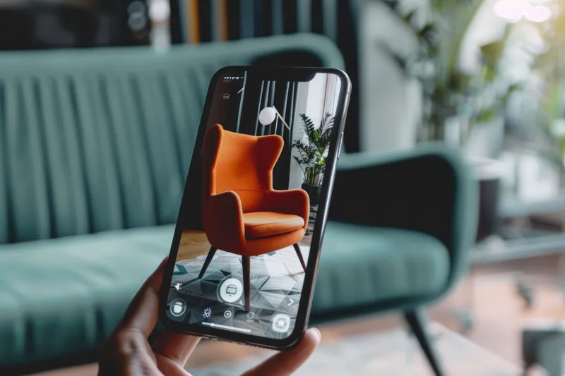 Рука держит смартфон и фотографирует оранжевое кресло в интерьере гостиной