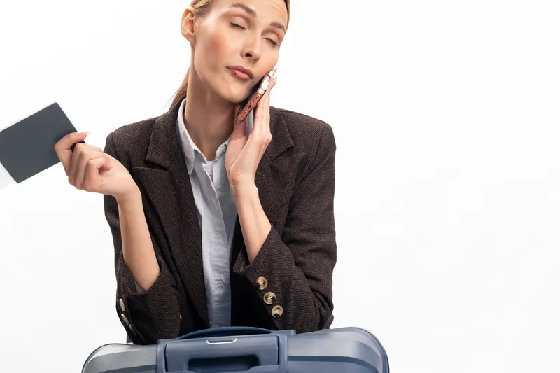 Tired young woman in blazer holds passport and talks on phone while sitting with suitcase. Concept for travel stress, delay, and busy lifestyle in modern tourism and business trips.