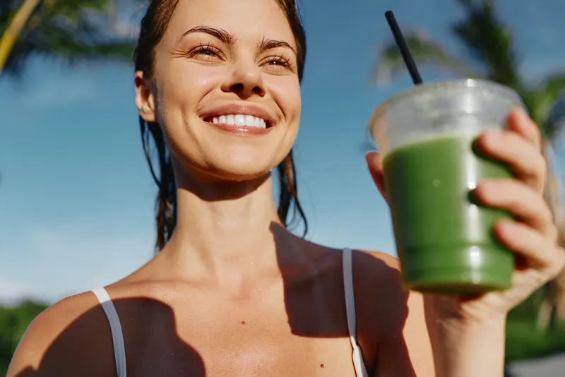 A smiling young woman in summer attire holds a green smoothie up to the camera in bright outdoor light, enjoying a healthy moment and a carefree mood.