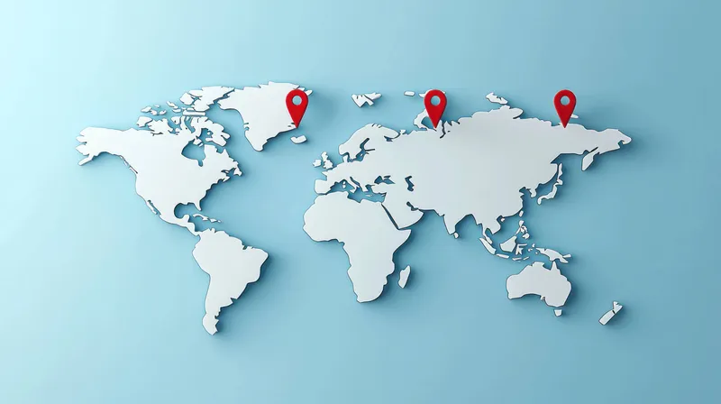 Креативный дизайн карты мира с белыми континентами и красными метками местоположения, символизирующий глобальную связь и исследования на успокаивающем светло-голубом фоне