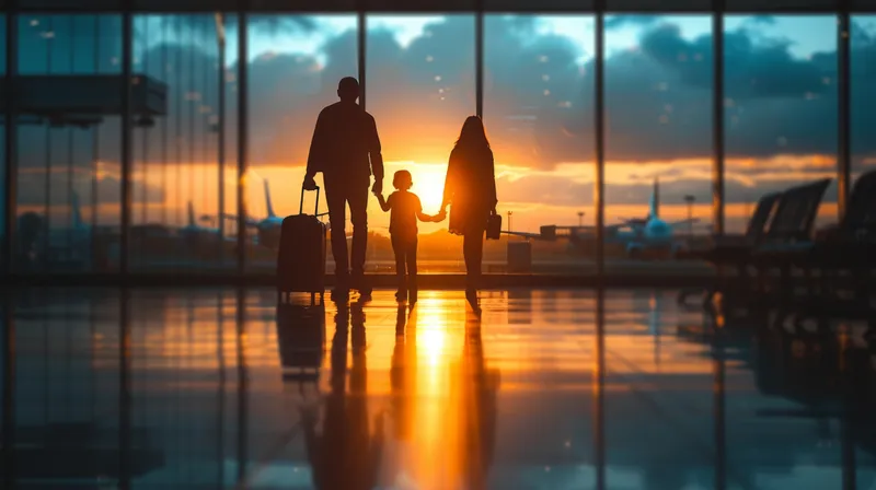 Счастливая семья с чемоданами направляется в отпуск, наслаждаясь закатом в аэропорту