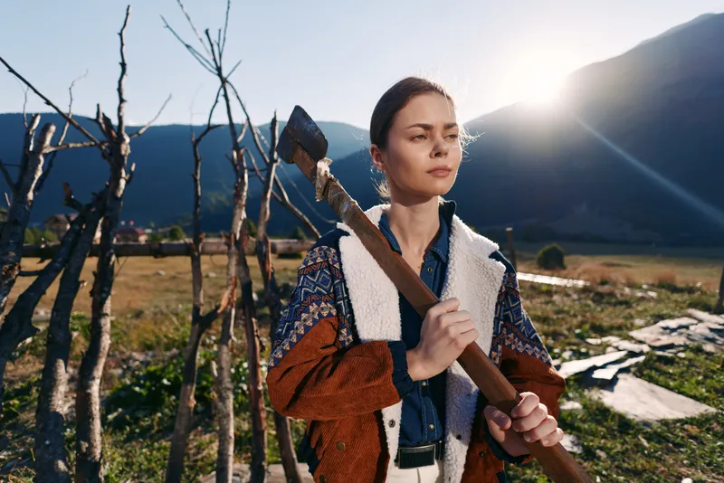 Woman with axe in countryside by a rustic fence and mountains, outdoors portrait at sunrise with sunlight on field, woodcutting and rural lifestyle with determined expression