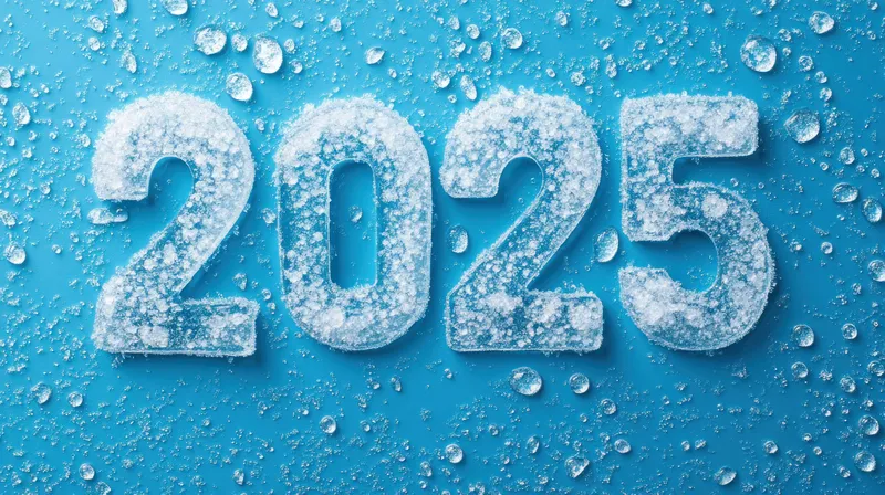Ледяные цифры 2025 сверкают под каплями воды на ярком синем фоне