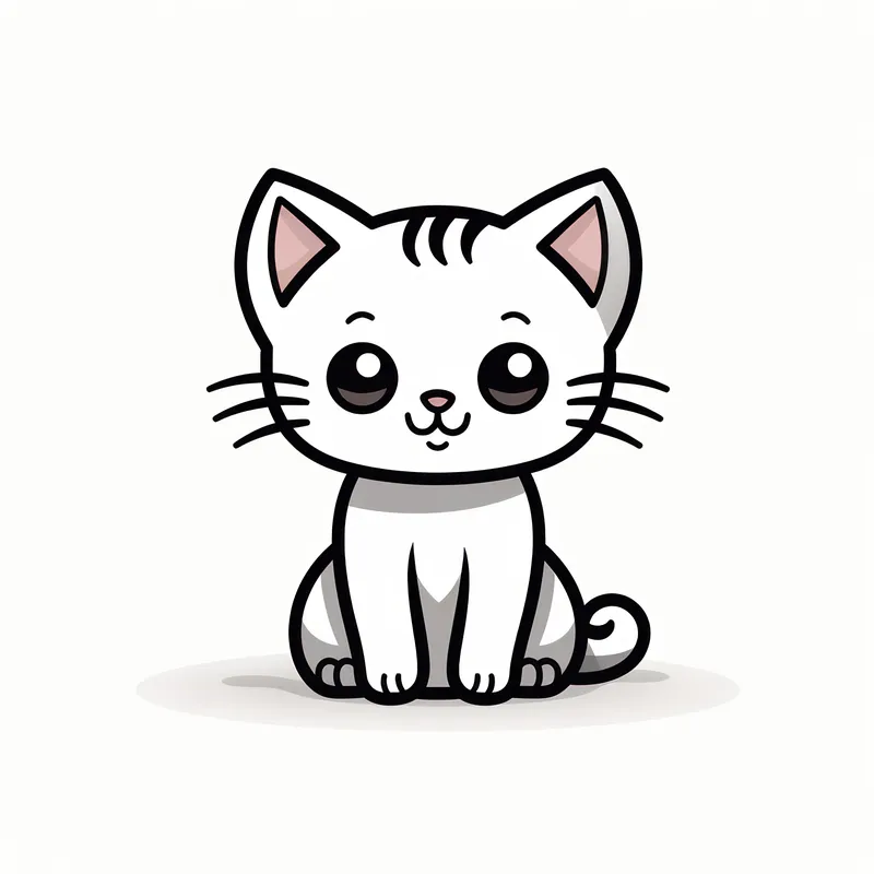 Иллюстрация милого мультяшного котенка: счастливый, очаровательный белый домашний кот с красивой улыбкой, сидящий и мурлыкающий на веселом фоне