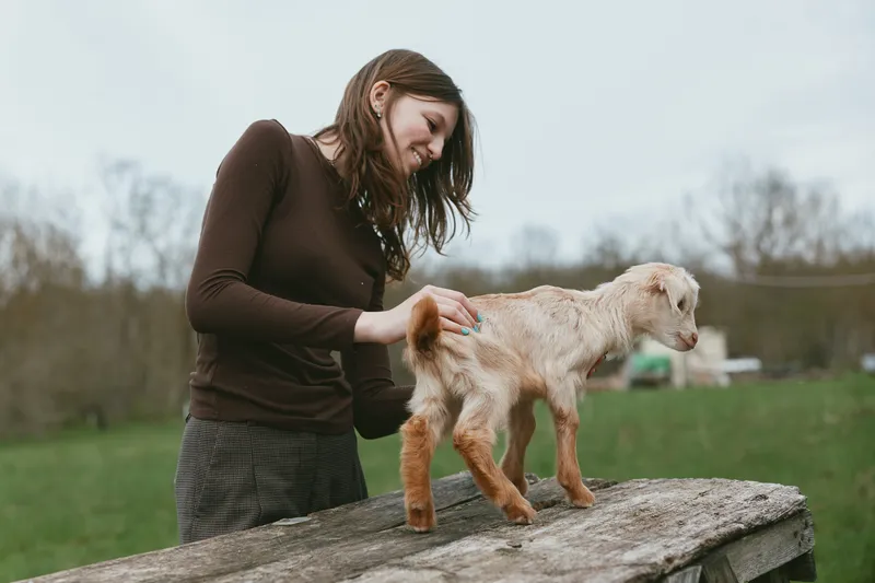 A woman in a brown sweater interacts with a small dog on a wooden railing in a grassy park, capturing a candid outdoor lifestyle moment with a gentle, joyful mood.