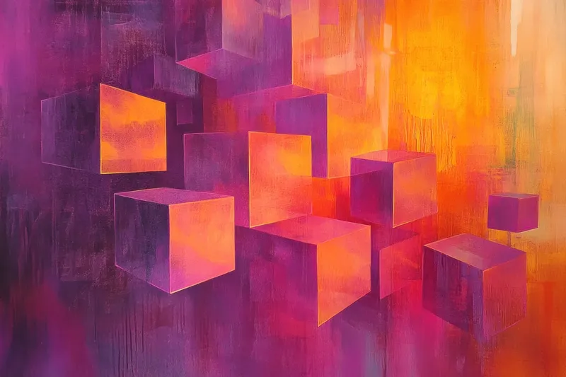 Захватывающая абстрактная композиция с парящими кубами в оттенках оранжевого, розового и фиолетового, идеально подходящая для современного декора и творческих проектов
