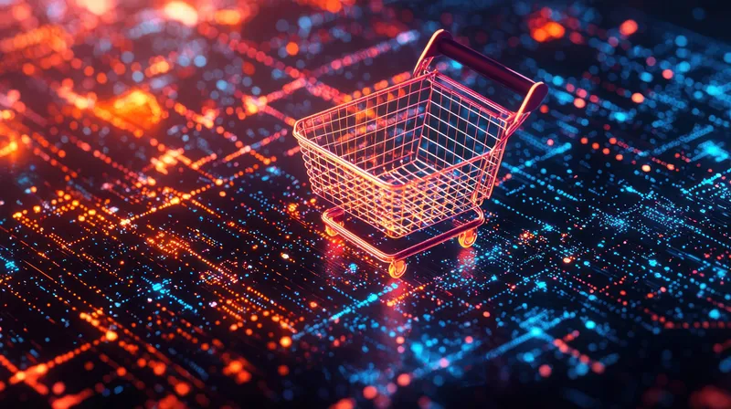 Яркая неоновая тележка для покупок выделяется на фоне красочного цифрового фона, символизируя электронную коммерцию, онлайн-покупки и инновационный опыт розничной торговли