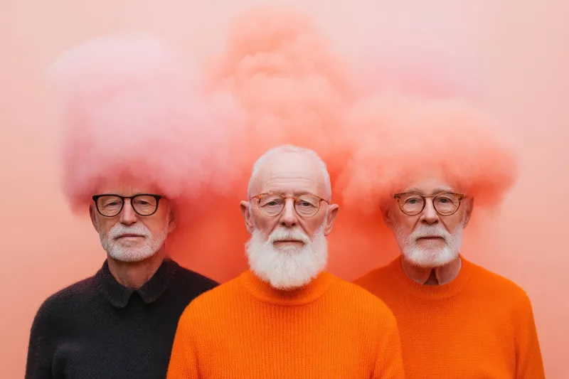 Три пожилых мужчины с белыми бородами и в очках, одетые в яркие оранжевые свитера, позируют на розовом фоне, наполненном причудливыми розовыми облаками из пудры, создавая образ жизнерадостности и…