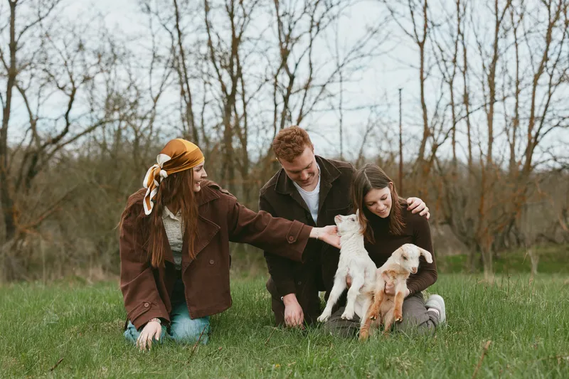 Family outdoors enjoying a goat kid moment in a grassy park, two adults and a child gently petting the animals. Casual lifestyle scene with warm, natural light and smiling faces.
