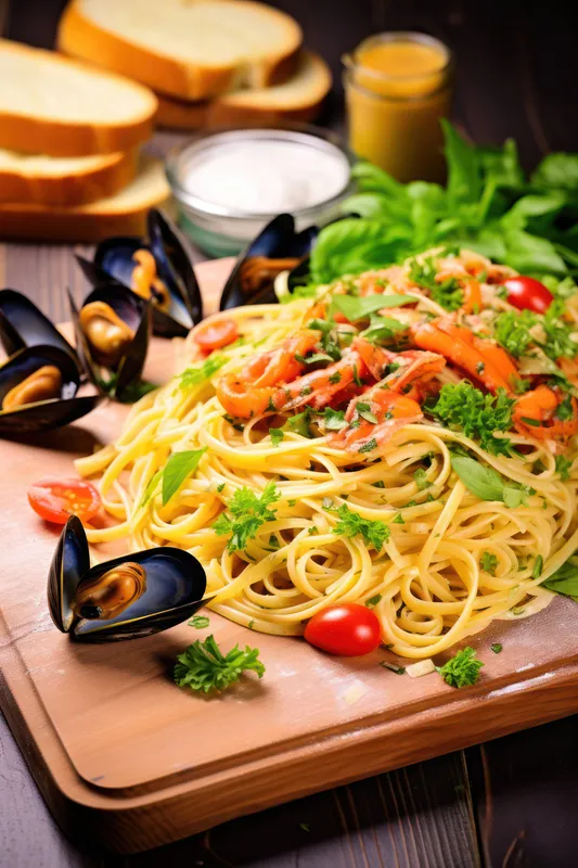Обеденный фон, вкусная свежая паста, итальянский соус, морепродукты, крупный план, тарелка, кухня, ужин, здоровое приготовление пищи, еда, спагетти, вкусное блюдо, петрушка, блюдо