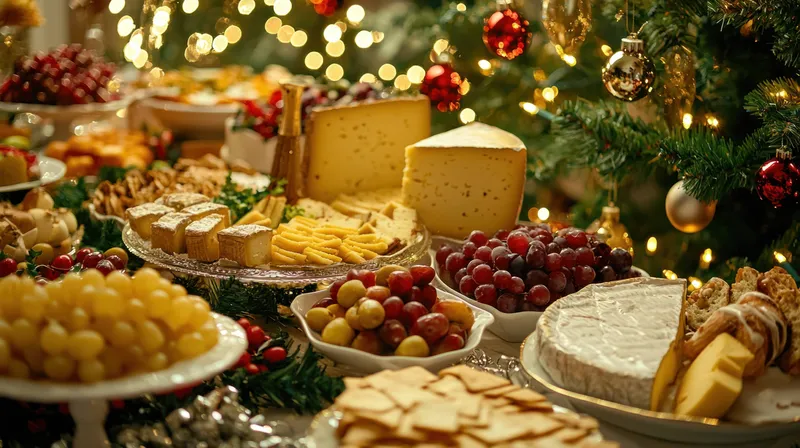 Красиво сервированный праздничный стол с ассортиментом сыров, винограда и вкусных закусок, создающий тёплую и приглашающую праздничную атмосферу