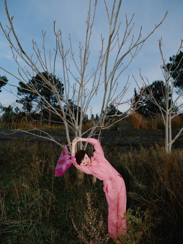 A performer in a pink dress bends around a leafless tree in an open field, creating an artistic and surreal dance pose against a moody natural backdrop at dusk.