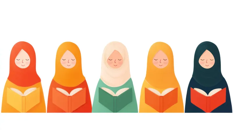Пять женщин в разноцветных хиджабах читают книги, что символизирует разнообразие и расширение прав и возможностей через образование и культуру, в теплой и привлекательной цветовой гамме