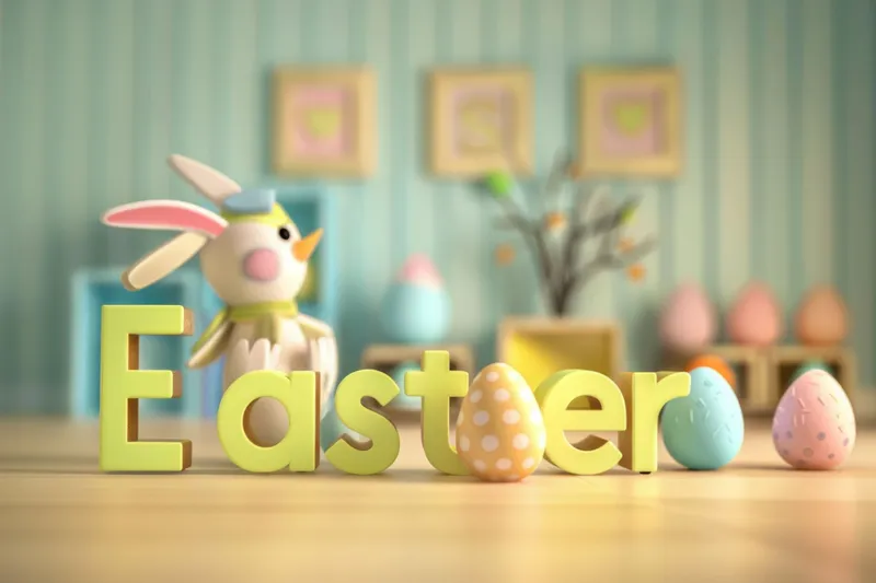 Пасхальная 3D-иллюстрация со словом Easter, кроликом и яйцами на деревянном столе