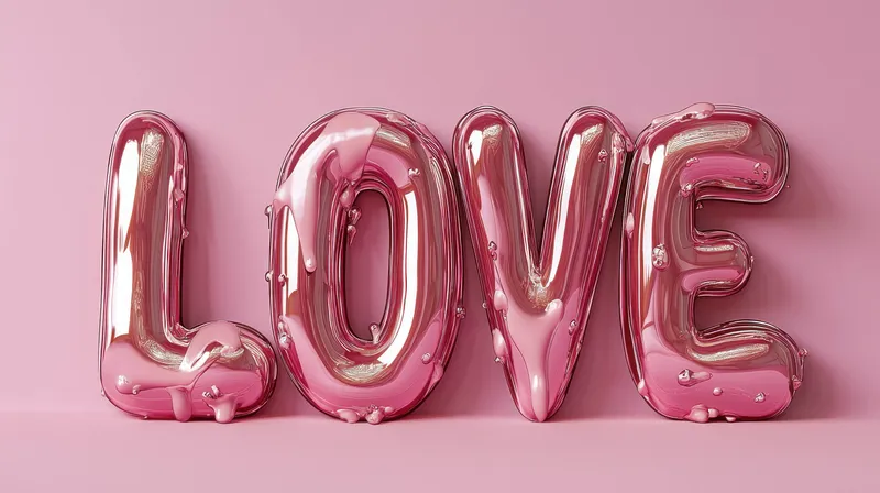 Очаровательные глянцевые розовые воздушные шары, образующие слово LOVE на пастельно-розовом фоне, идеально подходят для романтических тем и мероприятий ко Дню святого Валентина