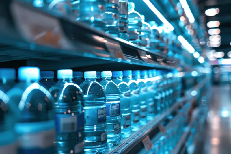 Разнообразие бутилированной воды на выставочной полке в проходе продуктового магазина, избирательный фокус на бутылках