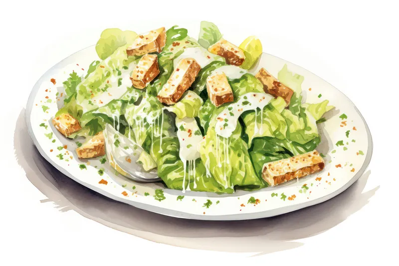 Салат «Цезарь» с курицей, свежий обед, полезное блюдо, вкусная еда, жареный сыр пармезан, белый и зеленый салат ромайн, гренки на тарелке