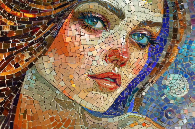 Детальное мозаичное искусство, изображающее женское лицо, с акцентом на голубые глаза и богатые текстуры на ярком фоне