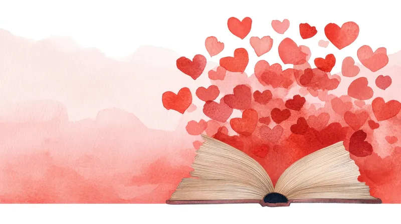 Красивая открытая книга, из которой вылетает множество красных сердец, выражающих любовь и привязанность