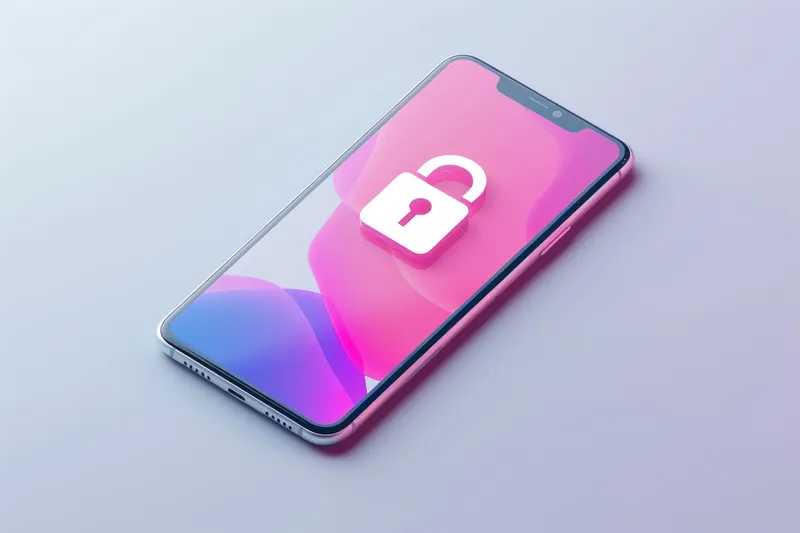 Современный смартфон с иконкой замка на ярком экране, лежащий на бледном градиентном фоне, символизирующий цифровую безопасность