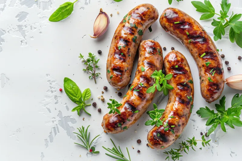 Вкусные жареные сосиски в окружении свежей зелени на фактурной светло-серой поверхности