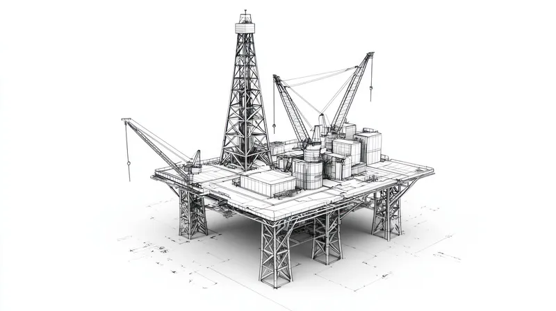 Монохромная иллюстрация морской нефтяной буровой платформы с замысловатыми деталями, отражающая темы энергетики и промышленности в техническом стиле