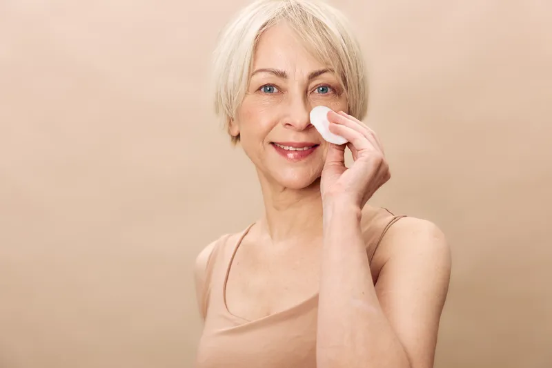 Smiling senior woman with short blonde hair cleanses face with cotton pad on neutral beige background. Concept of skincare, natural beauty, self-care, and mature skin wellness routine.