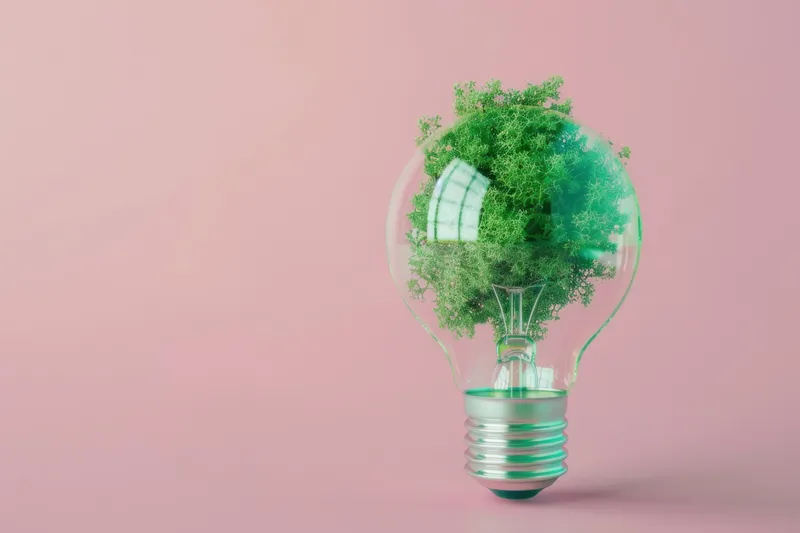 Зеленое дерево внутри электрической лампочки на розовом фоне, 3D-рендеринг