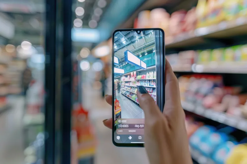 Рука, держащая смартфон перед полкой супермаркета с продуктами питания