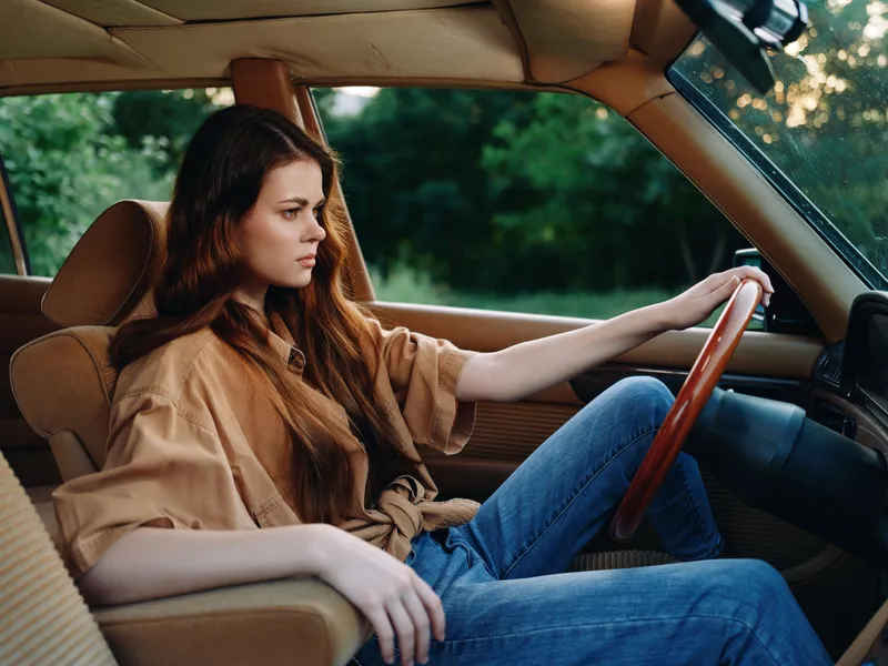 Young female model with long hair sitting in a vintage car, expressing calmness and style in a natural outdoor setting, perfect for seasonal themes like summer.
