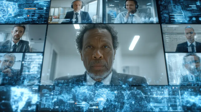 Профессиональное настроение и сосредоточенное выражение лица задают тон удаленной командной работе: на экранах появляются разные участники, а футуристический интерфейс передает уверенное лидерство в…