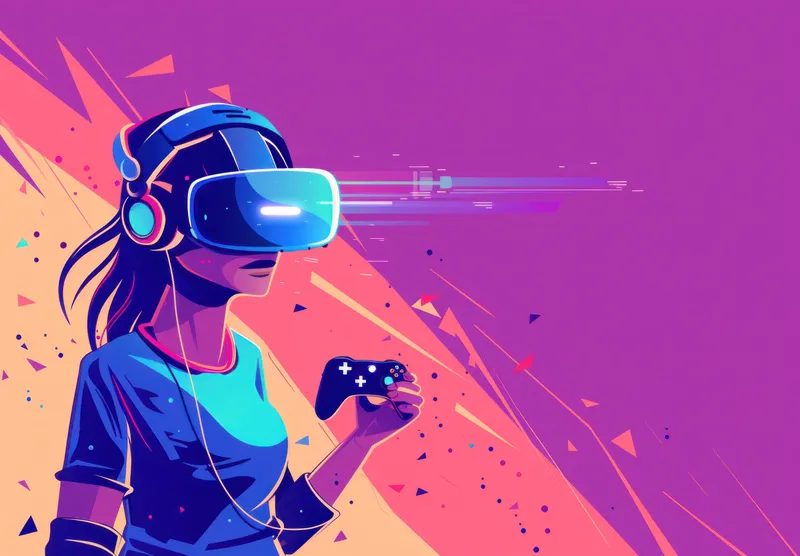 На изображении девушка-геймер в VR-шлеме, взаимодействующая с иммерсивной цифровой средой, выделяющаяся на фоне динамичных цветовых всплесков