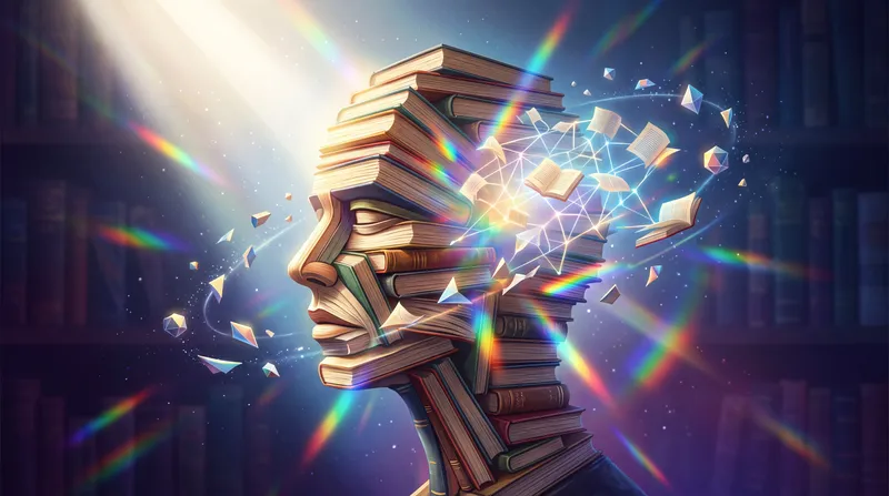Центрированная абстрактная голова-книга со светящимися фрагментами и радужными акцентами, задуманная как символ интеллекта и обучения на темном градиентном фоне
