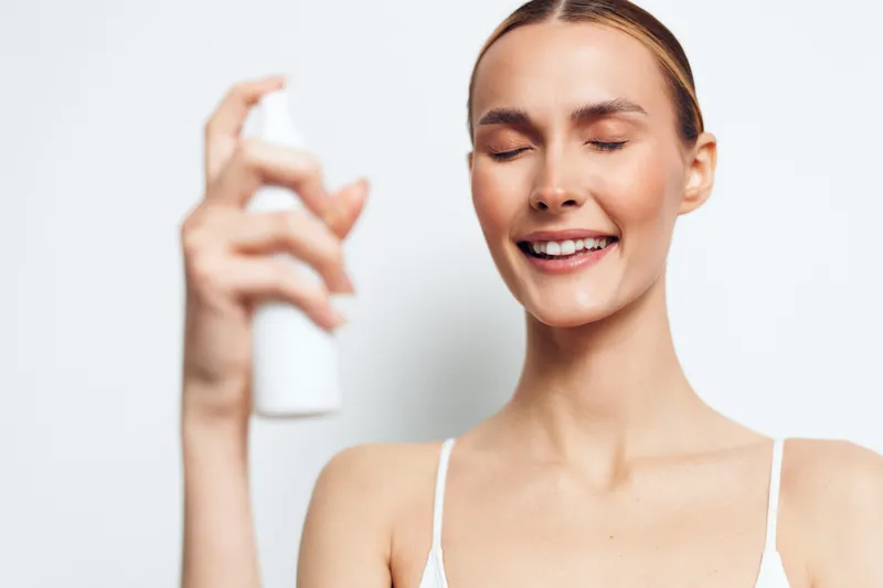 Young woman with closed eyes sprays facial mist on her face, enjoying refreshing skincare routine, wearing white tank top, isolated on white background with positive expression.
